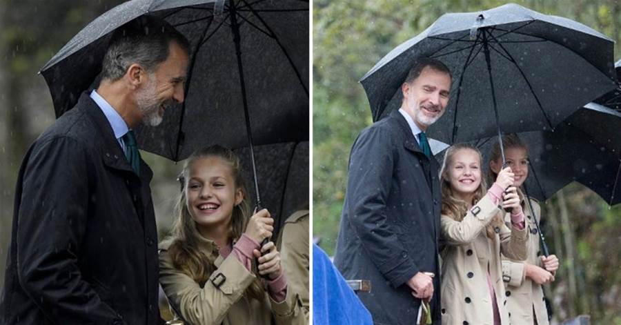 貼心！14歲西班牙小公主給「近兩米高」的國王爸爸撐傘，網友：踮腳了沒