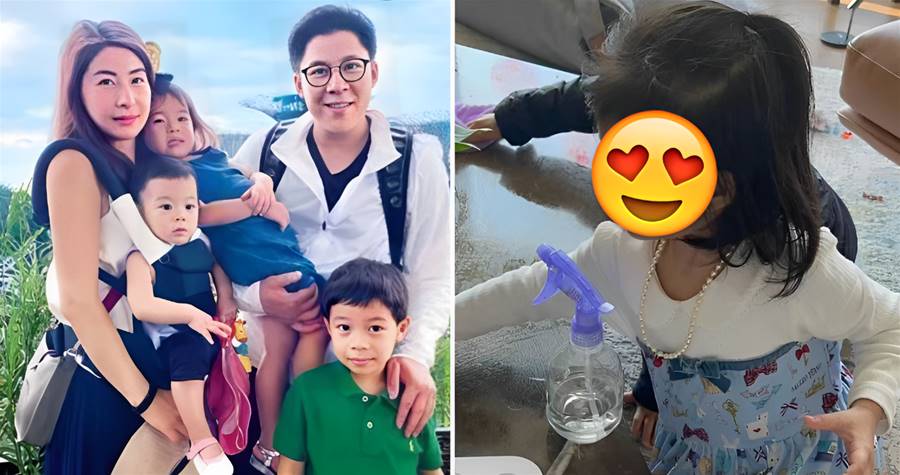 郭晶晶4歲小女兒「近照」曝光！穿娃娃領拼接裙戴珍珠項鏈，手拿粉抹布側顏好美❤